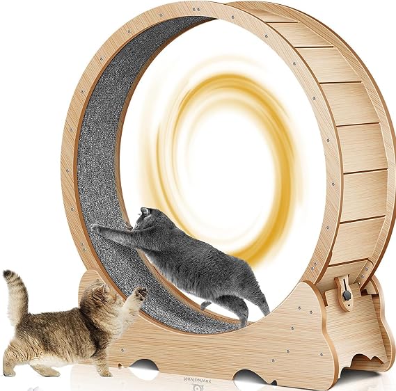 Star Cat Wheel, Cat Treadmill, Exercise Wheel for Running, Spinning, Scratching, and Climbing for Indoor Cats, Premium Birch Wood, Eco-Friendly, Moving Fish, Wide Running Track Natural-XL