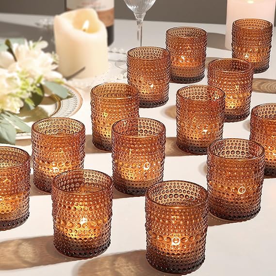 12 Pack Votive Candle Holders, Amber Vintage Candles Holders for Christmas
