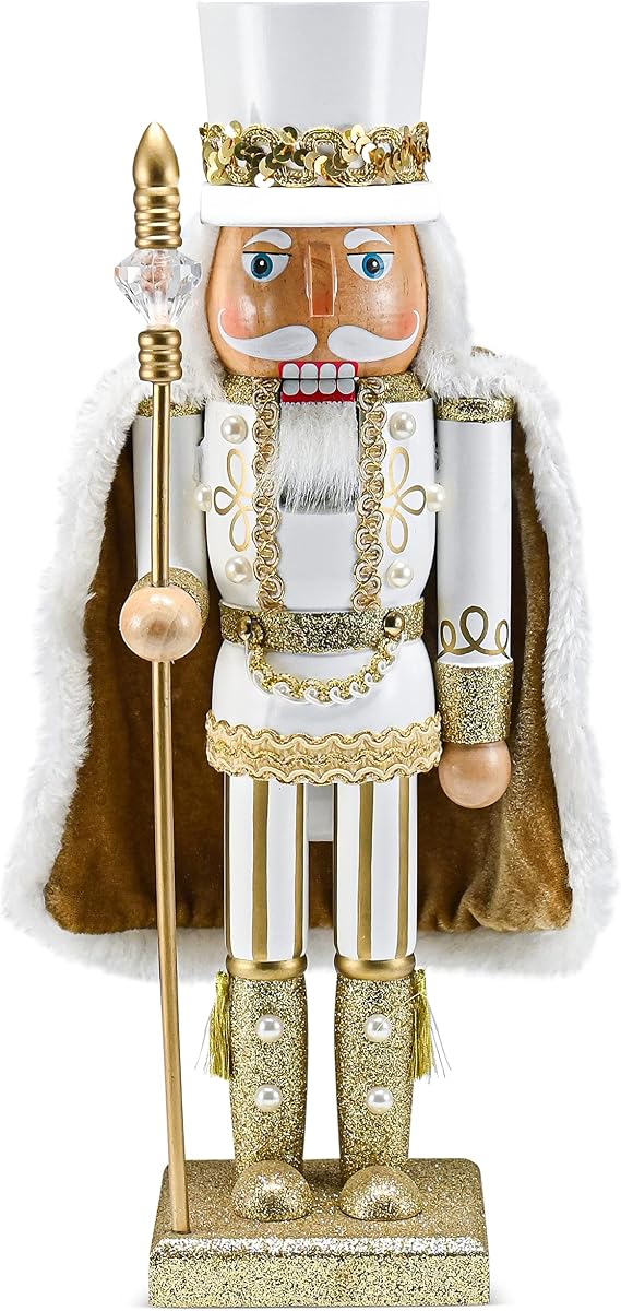 Christmas King Nutcracker 14" Gold White Wooden Figure Xmas Holiday Decor