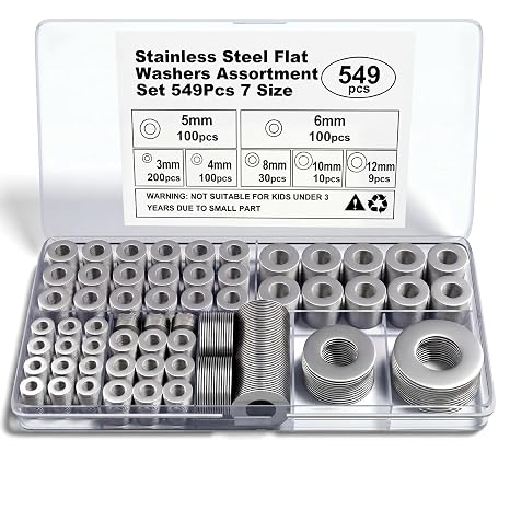 Stainless Steel Flat Washers Assortment, 18-8 (304) Stainless Steel Metric Washers, 549-Piece Set (3mm, 4mm, 5mm, 6mm, 8mm, 10mm, 12mm) with Plastic Storage Case