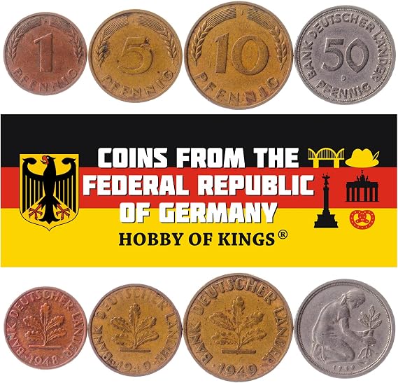 4 Coins from Germany | German Coin Set Collection 1 5 10 50 Pfennig | Circulated 1948-1950 | Oak