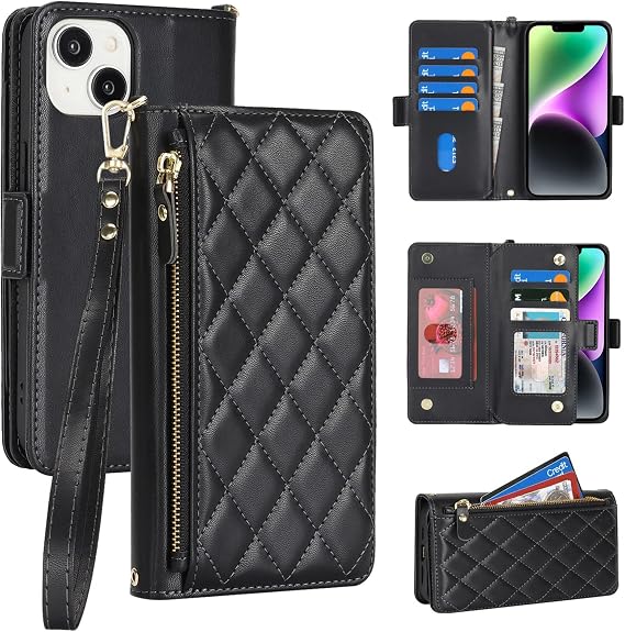 Phone Wallet for iPhone 13/14 Purse Case with Strap,6.1",Rhombus- Black