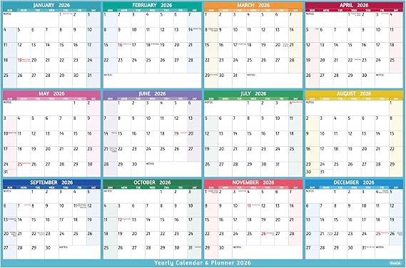 Yearly Wall Calendar 2026 - Large Yearly Calendar 2026, Jan 2026 - Dec 2026, 25.2" x 38.2" (Open), 2026 Calendar, Large Wall Calendar 2026, Full Year Paper with Notes, Thicker Paper - Multi