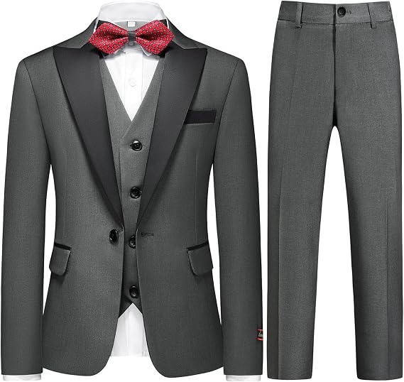 Boys Suits 3 Piece Slim Fit Formal Set One Button Solid Tuxedo Jacket Vest Pant for Kids Prom Wedding 4-16 Years Peak Lapel
