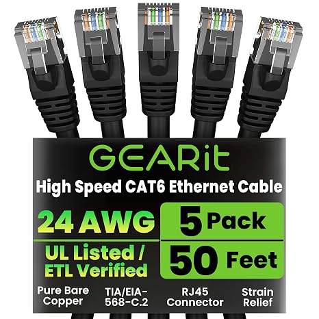 GEARit Cat6 Patch Cables Cat 6 Ethernet Cable 50 ft 5-Pack Black