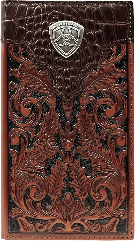 ARIAT Mens Tooled Oak Front & Gator Print Top Shield Leather Rodeo Wallet