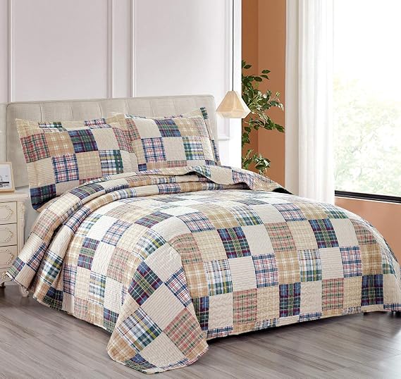 Hailea Beige Plaid Quilt Set Twin Size Country Patchwork Bedding Quilt Lightweight Reversible Bedspread Coverlet with Sham Soft All Season Bed Coverlet Set, 1 Quilt 2 Pillow Shams (Beige, Twin)