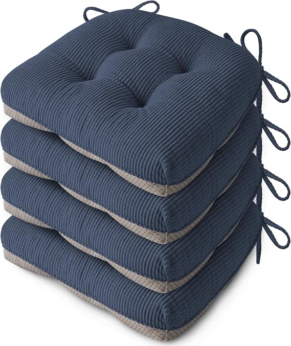Anti Slip Kitchen Chair Cushions Set of 4 18"X16.5"X3" Blue | Elegant Breathable Textured Fabric, with Ties, Tufted, Thick Polyester Filling, for Dining Chairs, Folding Chairs, Office