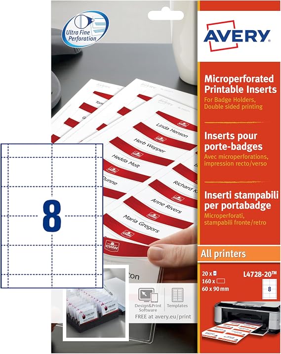 Avery L4728-20 Printable Name Badge Insert Refills – 90 x 60 mm, White, Pack of 160 Inserts