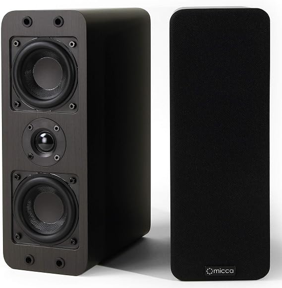 Micca OoO Slim Passive Bookshelf Speakers Home Theater, Stereo Pair, Walnut | Amplifier Required, Dual 3-Inch Woofers, 0.75-Inch Silk Tweeter, Under 4-Inch Wide, Desktop, Surround Sound, Wall Mountable