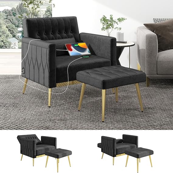 ROCSUMOO Velvet Armchair Chair and Ottoman Set with 2 USB Modern Armchair with Footstool and Lumbar Pillow Comfy Recliner Lounge Chair for Bedroom Living Room Black