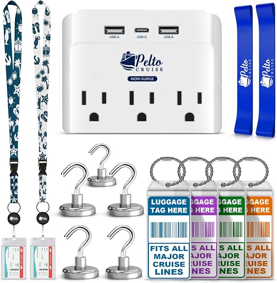 Cruise Ship Essential 2026 Kit, Pack of 5 Cruise Ship Essential Accessories | Cruise Luggage Tags Holder, Cruise Approved Non-Surge Power Strip, Magnet Hooks, Lanyard, Towel Bands
