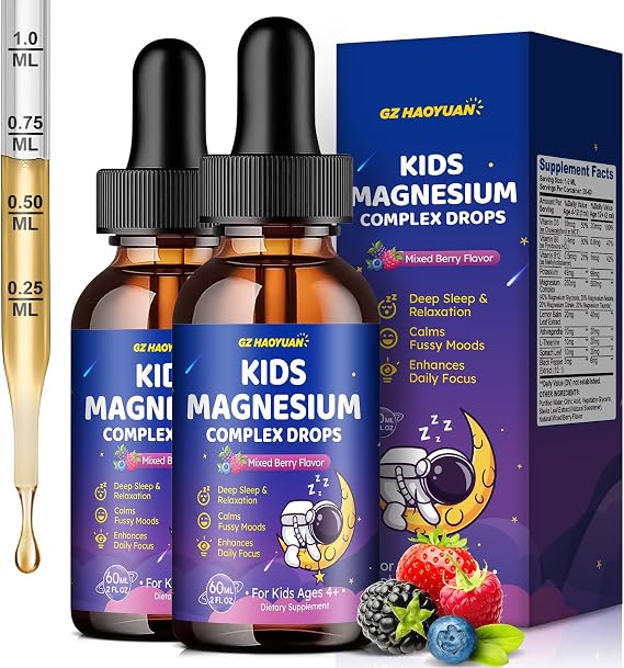 Magnesium Complex Liquid for Kids, Magnesium Glycinate, Malate, Taurate, Citrate with L-Theanine, Vitamin B6, B12, D3 Kids Liquid Drops for Sleep, Relaxation, Calm, Focus - 4 Fl Oz, Mixed Berry Flavor