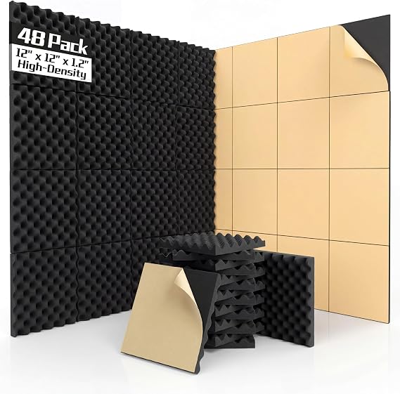 48 Pack Egg-Crate Acoustic Foam High Density Soundproof Panels 12x12x1.2 Inches Sound Proofing Panels Acoustic Foam Wall Panels for Studio, Home, Office & Gaming Room Black