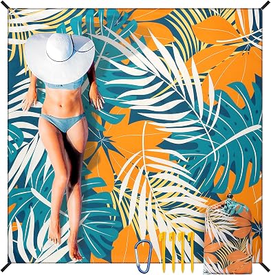 Beach Blanket Sandproof Extra Large Beach Mat Adults Waterproof Quick Drying Sand Free Mat Made by Premium Polyester with 4 Stakes & 4 Corner Pockets for Outdoor Travel Camping Hiking 79X83