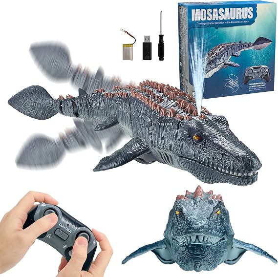 2.4GHz Remote Control Mosasaurus Boats with Spray Water, Dual Propellers Mosasaurus Toy RC Boat for Swimming Pool Lake Bathroom, Remote Control Dinosaur Toys for Kids 3 4 5 6 7
