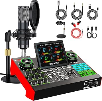 TENLAMP G10 Podcast Equipment, Audio Interface with Soundboard Effects, 3.5mm Condenser Mic Kit, Desk Stand, Zero-Latency Hardware Pitch Correction, Noise Reduction, Monitoring, for Streaming, Gaming