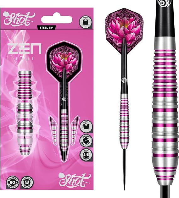Shot! Darts Steel Tip, Zen Juji 80% Tungsten Barrels Front Weighted with Short Length for Precision Handcrafted Professional Dart Set and Flights Made in New Zealand Metal Tip Bar Darts
