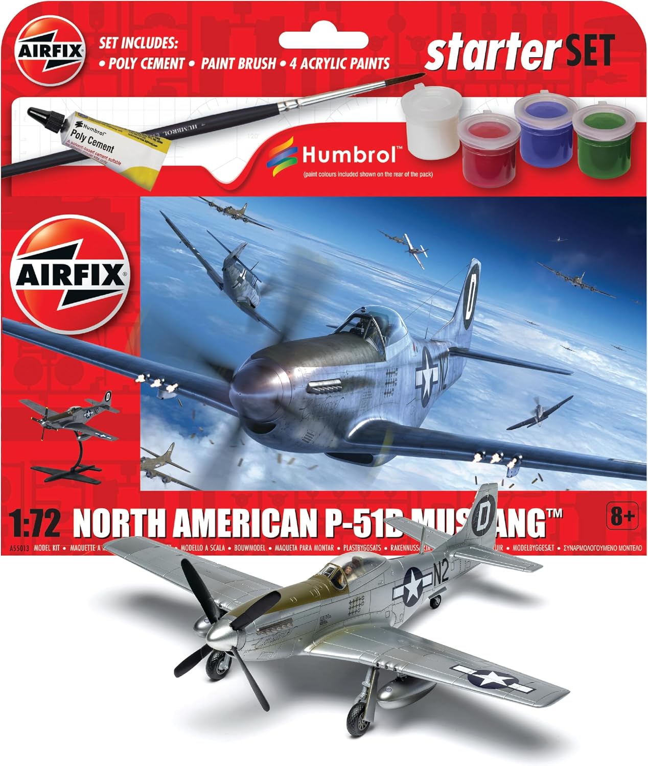 Airfix Starter Set - A55013 North American P-51D Mustang Model Building Kit - Plastic Model Plane Kits for Adults & Children 8+, Set Includes Sprues, Decals, Paints, Brush & Glue - 1:72 Scale Model