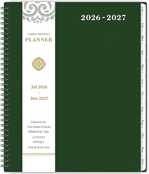 Monthly Planner 2026-2027 - JUL 2026- DEC 2027, 9" 11" Monthly Calendar, Planner 2026-2027, 18-Month Calendar Planner with Tabs, Thick Paper, Pocket, Label, Twin- Wire Binding- Dark Green