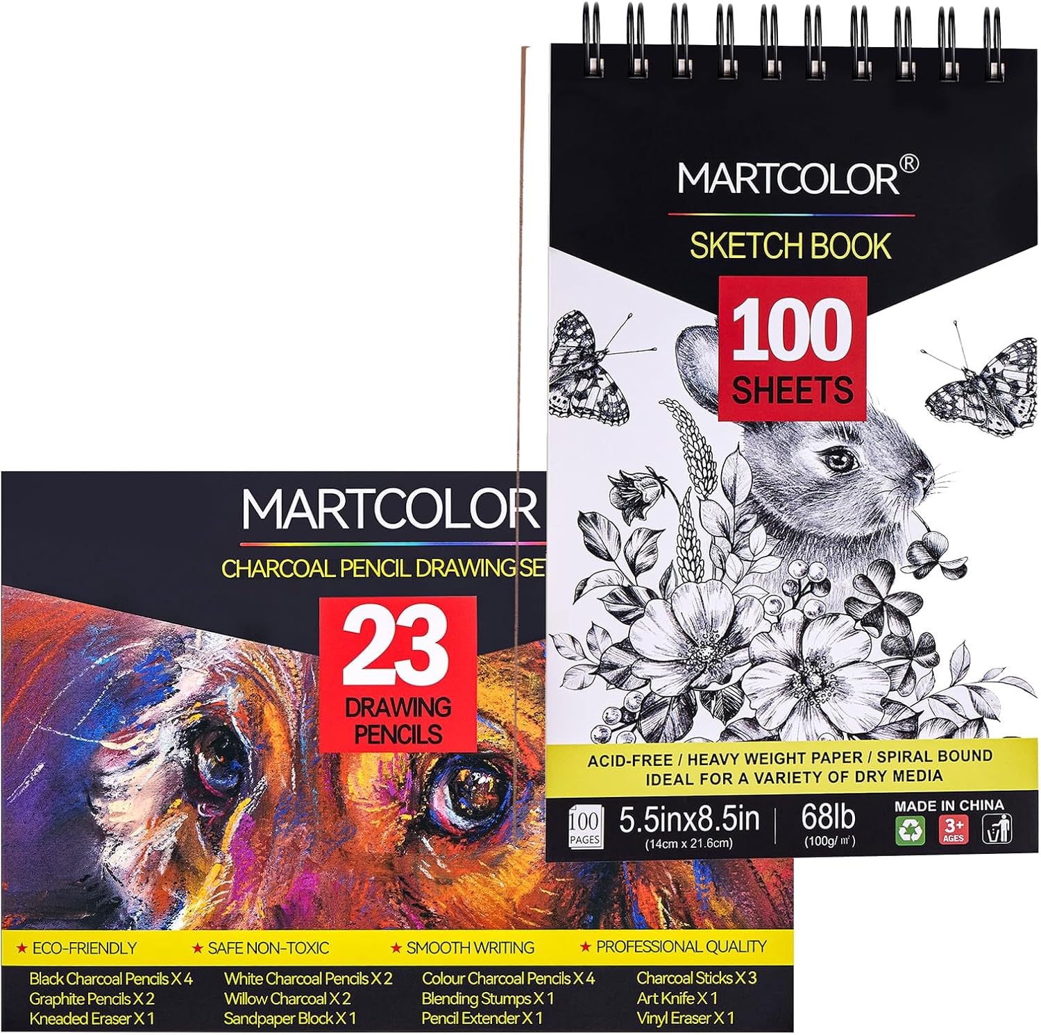 Colored Charcoal Pencils Drawing Set, 23 Pack Pro Sketch Pencils Kit and 5.5X8.5” Premium Sketch Book Set, 1 Pack, 100 Sheets68 lb100gsm Sketchbook