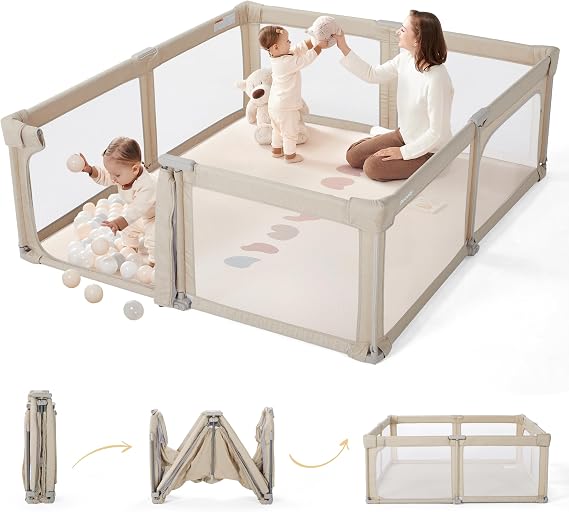 Sweeby Baby Playpen, Foldable Play Yard, Extra-Large Baby Fence for Indoor & Outdoor Use, Safe Playpen for Babies and Toddlers (Oat, 150 x 150 cm)