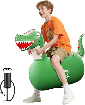 QPAU Infatable Bouncy Toys with Hand Pump, Heavy Duty Giant Bouncy Pal, 220lbs Load Capacity, Ride On Bouncy Animal Hopper Toy, Indoor Outdoor Bouncers for Kids Girls Boys Ages 5+ (Dinosaur, 1 Pack)