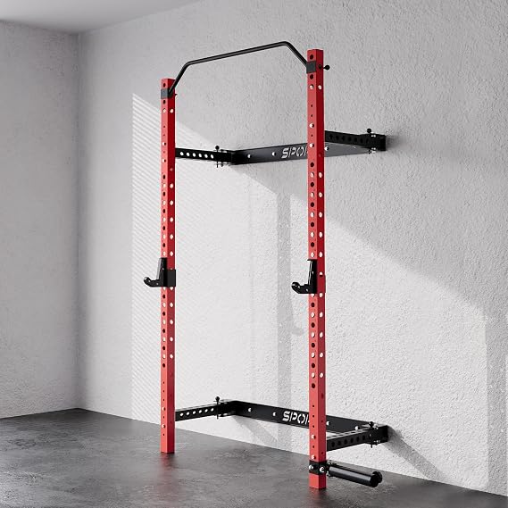 Foldable Wall Mounted Squat Rack, 1000LBS Capacity Folding Power Rack with Pull Up Bar, J Hook, Landmine, Folding Squat Rack for Garage&Home Gym