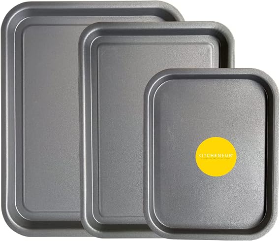 3-Pack - Baking Tray and Roasting Tray Set - 38cm, 35cm & 28cm Baking Tray/Pan, Non-Stick, Multi-Pack Set Oven Trays - Dishwasher Safe and Easy Clean. By KITCHENEUR®