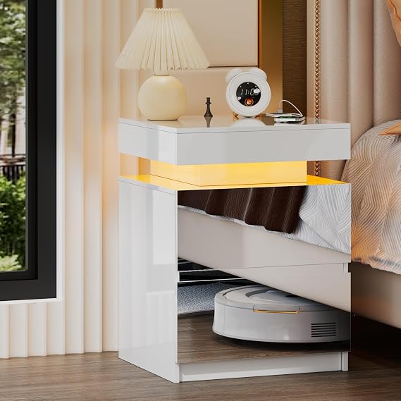 LED Nightstand - Bedside Table with Charging Station and 2 Mirrored Drawers Sliding Top with Magnetic Lock - Modern Night Stand for Bedroom & Living Room - White
