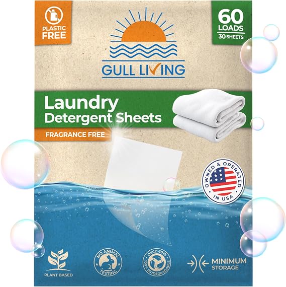 Gull Living Travel Laundry Detergent Sheets Unscented - 60 Loads - Dissolves Quickly, Removes Stains & Odors - For Home and Travel Laundry Sheets Detergent