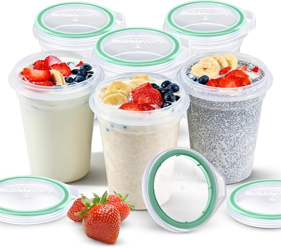 BubbleWally JoyPlus Plastic Overnight Oats Containers with Lids Green 16oz