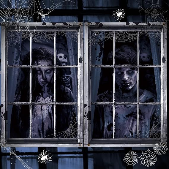 Preboun 2 Pcs Halloween Ghost Window Decoration Scary Halloween Window Silhouette Cover Curtain Poster for Wall Garage Door Home Indoor Outdoor Party Favors
