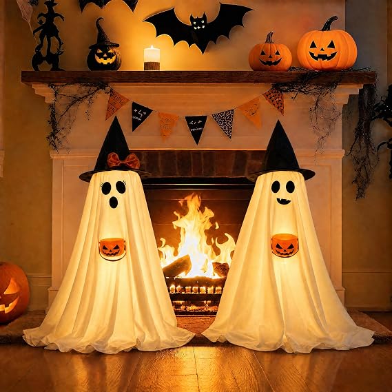 Halloween Decorations Indoor Lighted Ghost, 2 Pack Cute Light Up Ghosts | 2.95Ft Decorations with Witch Hats & Pumpkin Buckets, Indoor Ghost Decor for Entryway, Fireplace, Porch, Party, Home, Yard