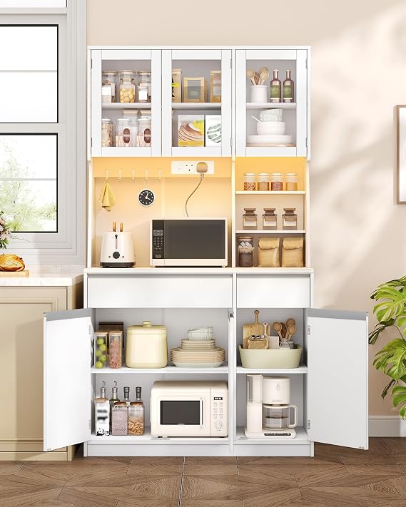 Hzuaneri Kitchen Cupboard with LED & Power Outlet, Tall Kitchen Cabinet with Countertop & 2 Drawers, Sideboard Storage Cabinet, Adjustable Shelves, for Dining Room, 40 x 100 x 180 cm, White PT00103XUK