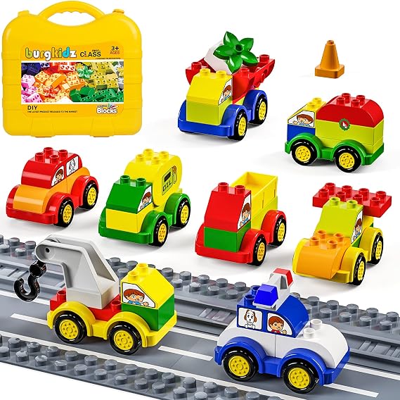 burgkidz 63 Pieces Building Block Toy Cars with Suitcase and 2 Pack Road Baseplate - 8 Different Models Toddler Vehicle Building and Construction Play Gift Set