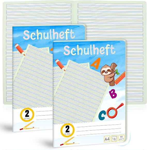 Pack of 3 Learning to Write Books Ruling 2 DIN A4 1 Exercise Book 16 Sheets of German Exercise Book 2 Class as Writing Learner's Book 100 g/m² Cover Round Corners Prevent Donkey Ears Lined Notebook
