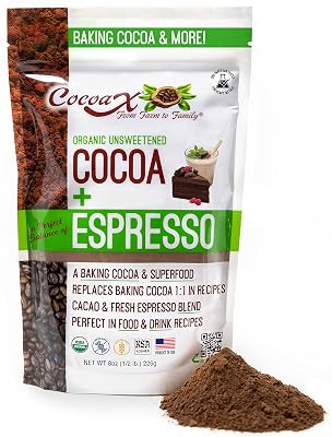 CocoaX Organic Cocoa Powder with Espresso Powder - 8oz Gluten Free, Non-GMO Unsweetened Cocoa Powder for Baking - Dutch Processed Cocoa Powder to Use 1 To 1 in Cocoa Recipes - Made in America