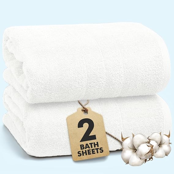 Bath Sheets - Extra Large Bathroom Sheet Set – 550 GSM Pack of 2 Jumbo Towels White (90x180cm) – 100% Ring Spun Cotton Soft Quick Dry Large Bath Towels for Adults Hotel Spa Bathroom Use