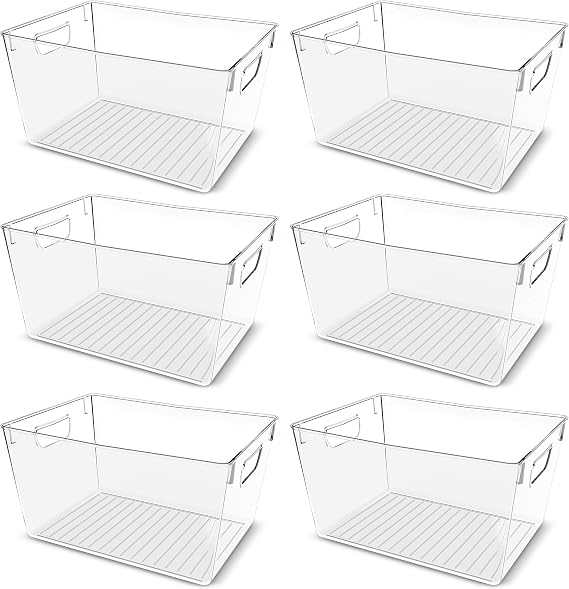 Utopia Kitchen Pantry Organizers and Storage Bins, 6 Pack, Large, Clear | Storage Bins for Pantry, Durable Freezer Organizer Bins With Handles for Organizing Fridge, Kitchen Organization
