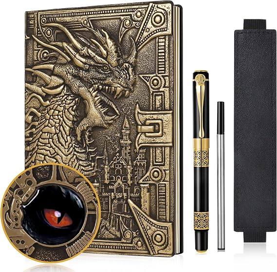 DND Dragon Notebook 3D Embossed Leather Journal A5 Vintage Travel Journal with Pen& Pen Sleeve,D&D Handmade Daily Diary Lined Writing Notebook for Men&Women(Bronze Dragon)