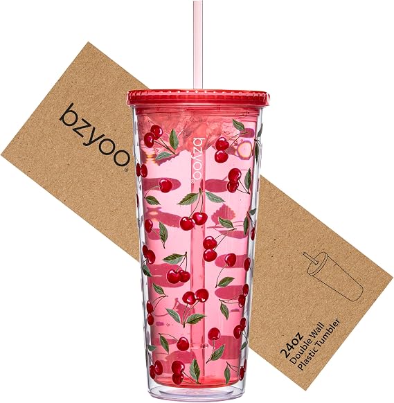 bzyoo 24oz Plastic Tumbler Cup, Lid & Straw, Iced Coffee Cherry Splash Red