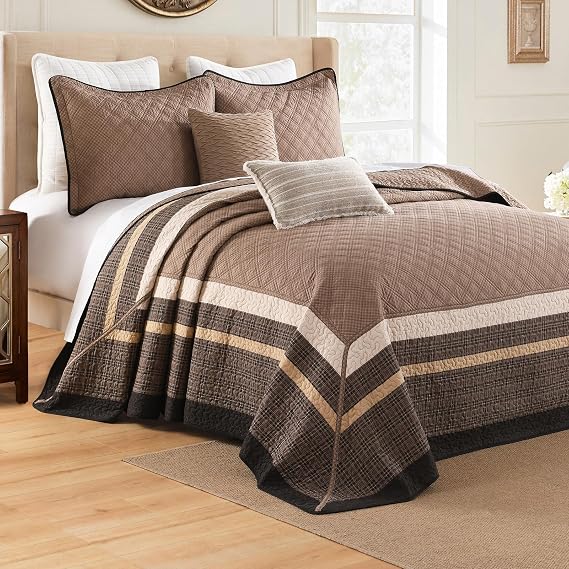 DDUOXIN Oversized King Bedspread - 120W x120L Extra Wide - 100% Cotton California Quilt with 2 Pillow Shams, Lightweight Reversible Bedspreads Coverlet Bedding Set, Dark Brown/Brown/Beige