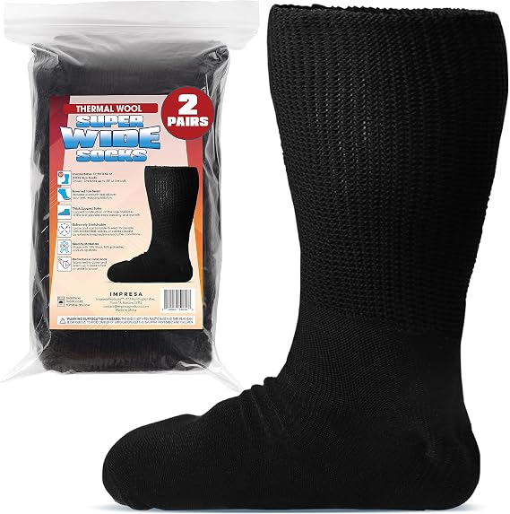 IMPRESA Wide Calf Men's Thermal Wool Socks - Black One Size XXL Knee-High - Extra Wide 30in Stretch Calf for Swollen Feet & Lymphedema
