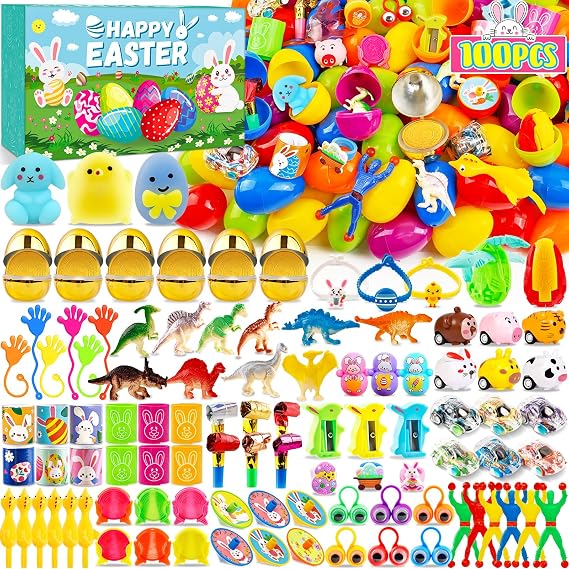 Adisher [ 6 Surprise Golden Eggs ] 100 PACK Prefilled Easter Egg Fillers, Easter Basket Stuffers Egg Hunt with Toys Goodie Bags Stuffers Party Favors Classroom Prize Supplies for Kids