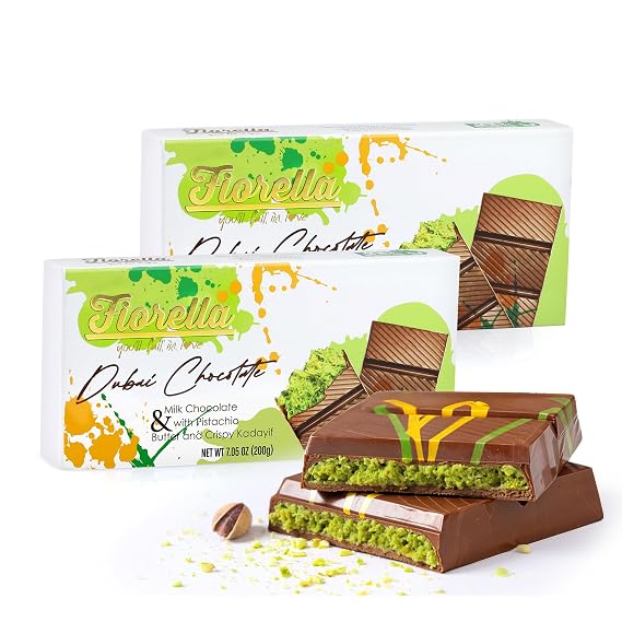 Fiorella Dubai Milk Chocolate Bar with Pistachio Butter & Shredded Knafeh, 7.05 Oz, Candy Bar for Kids & Adults, Pack of 2