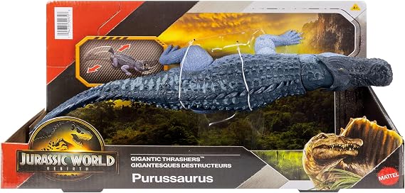 Mattel Jurassic World: The Rebirth Gigantic Thrashers Dinosaur Figure Purussaurus Large Species Toy 2 Stomping Attacks Digital Fun JGB94 [Multi-Colour]