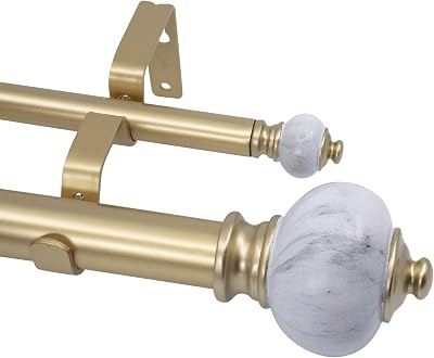 MERIVILLE 1-Inch Diameter Double Window Treatment Curtain Rod, Marble Urn Finial, 28-inch to 48-inch Adjustable, Royal Gold