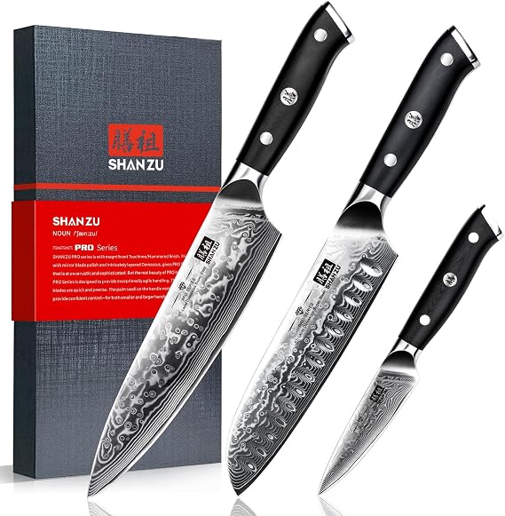 SHAN ZU Damascus Knife Set, Japanese Super Steel 3 PCS Damascus High Carbon Professional Ultra-Sharp Kitchen Chef Knife Set with G10 Handle Gift Box | Damascus High Carbon Professional Ultra-Sharp Kitchen Chef Knife Set with G10 Handle Gift Box