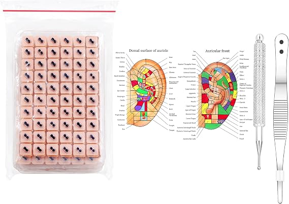 Uloveido Ear Seeds Auricular Sticker Kit, Acupuncture Kit Acupressure with Ears Seed, Ear Chart, Tweezer, Auricular Probing Pen 600 PAIRS Seeds